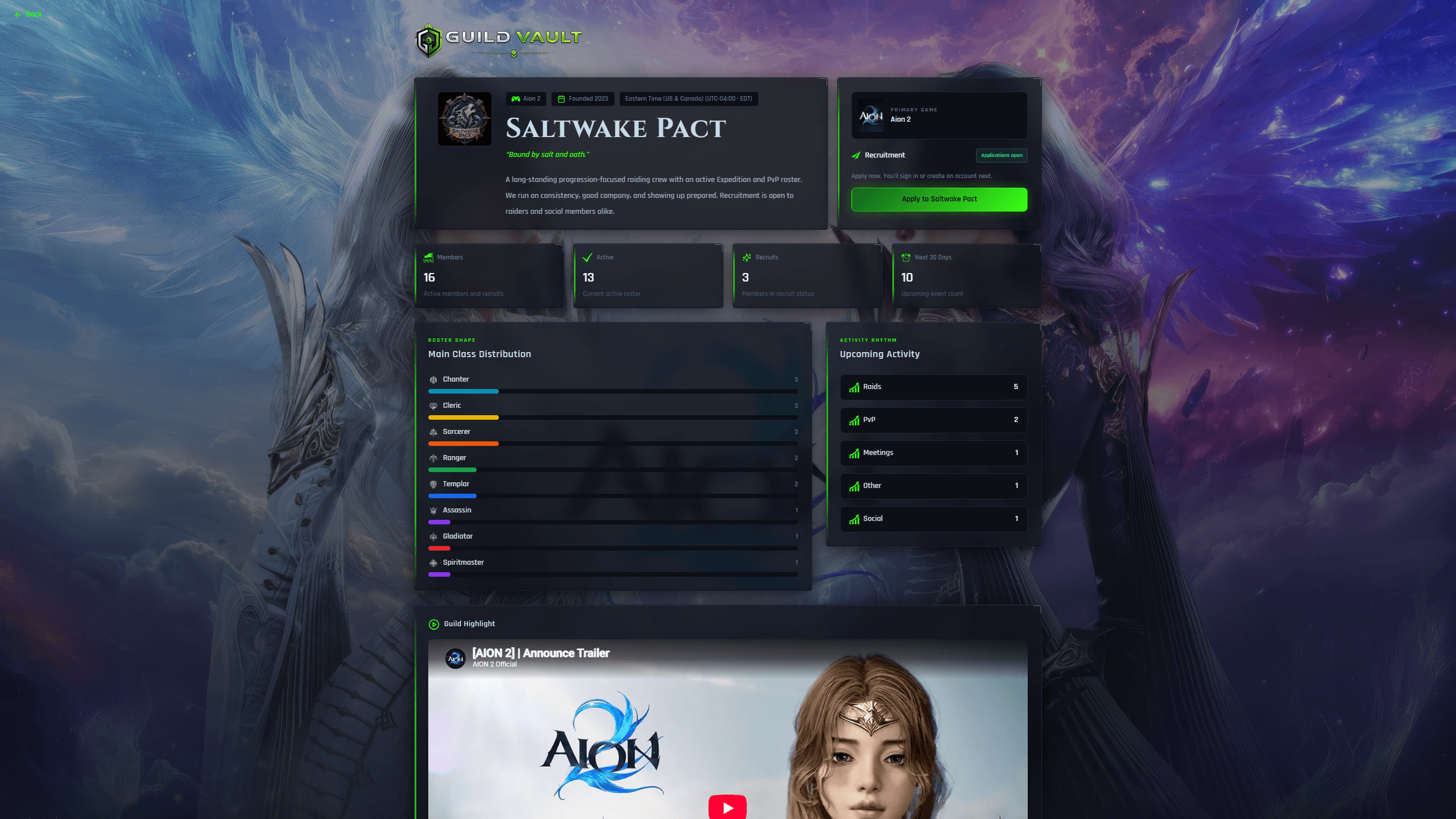 Saltwake Pact Aion 2 Legion homepage in Guild Vault with game artwork, roster composition, upcoming activity, and recruitment applications