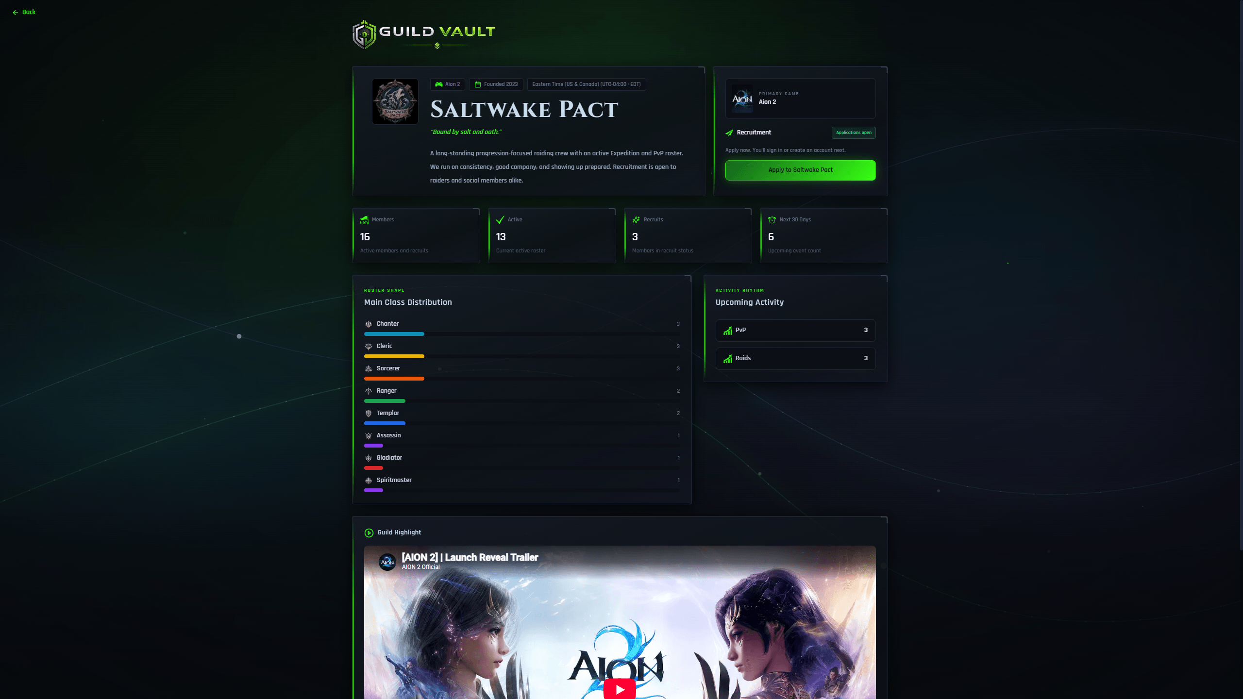Saltwake Pact Aion 2 Legion homepage in Guild Vault with roster composition, upcoming activity, recruitment applications, and an embedded official trailer