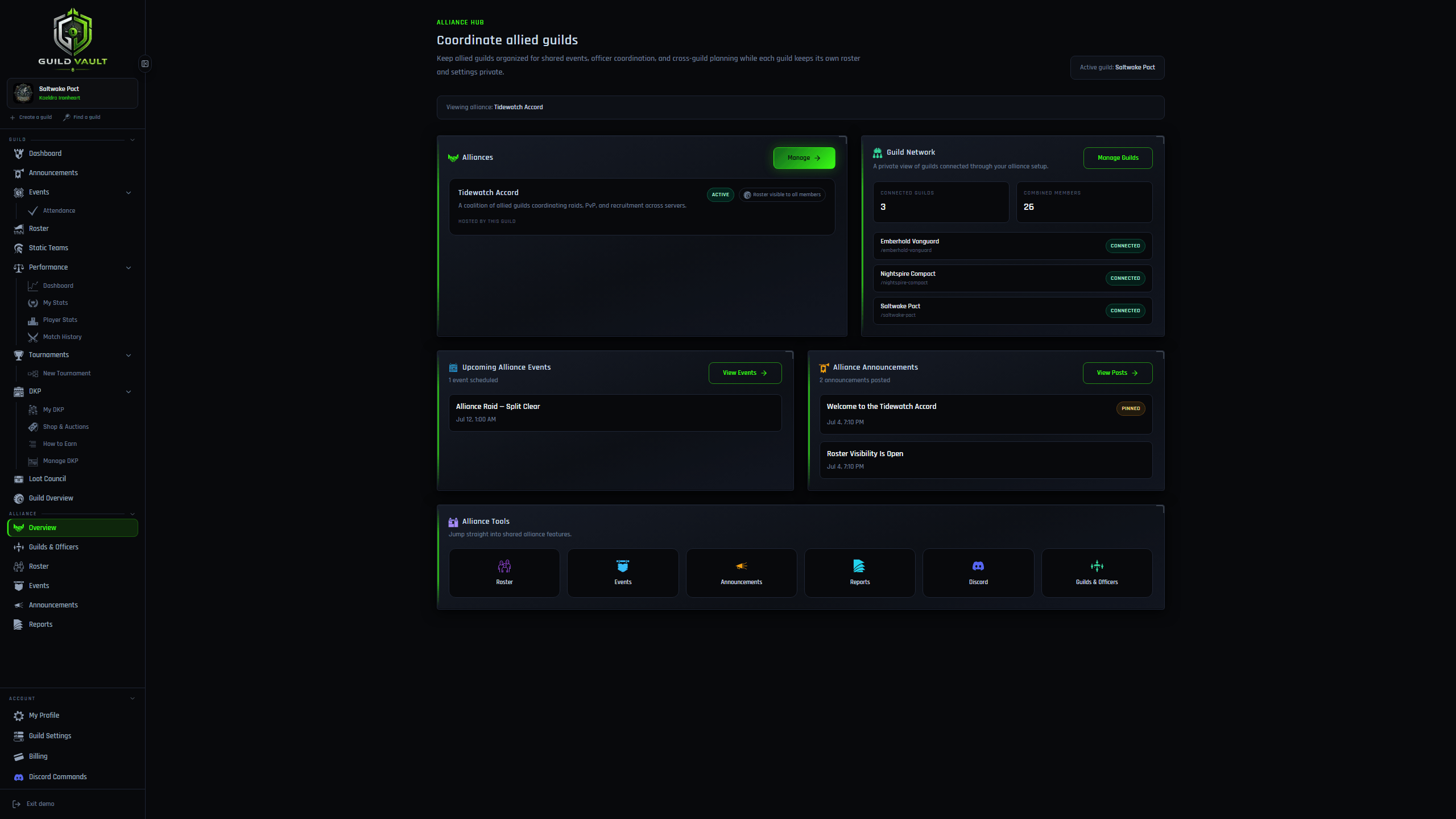 Guild Vault alliance overview showing partner guilds and shared events