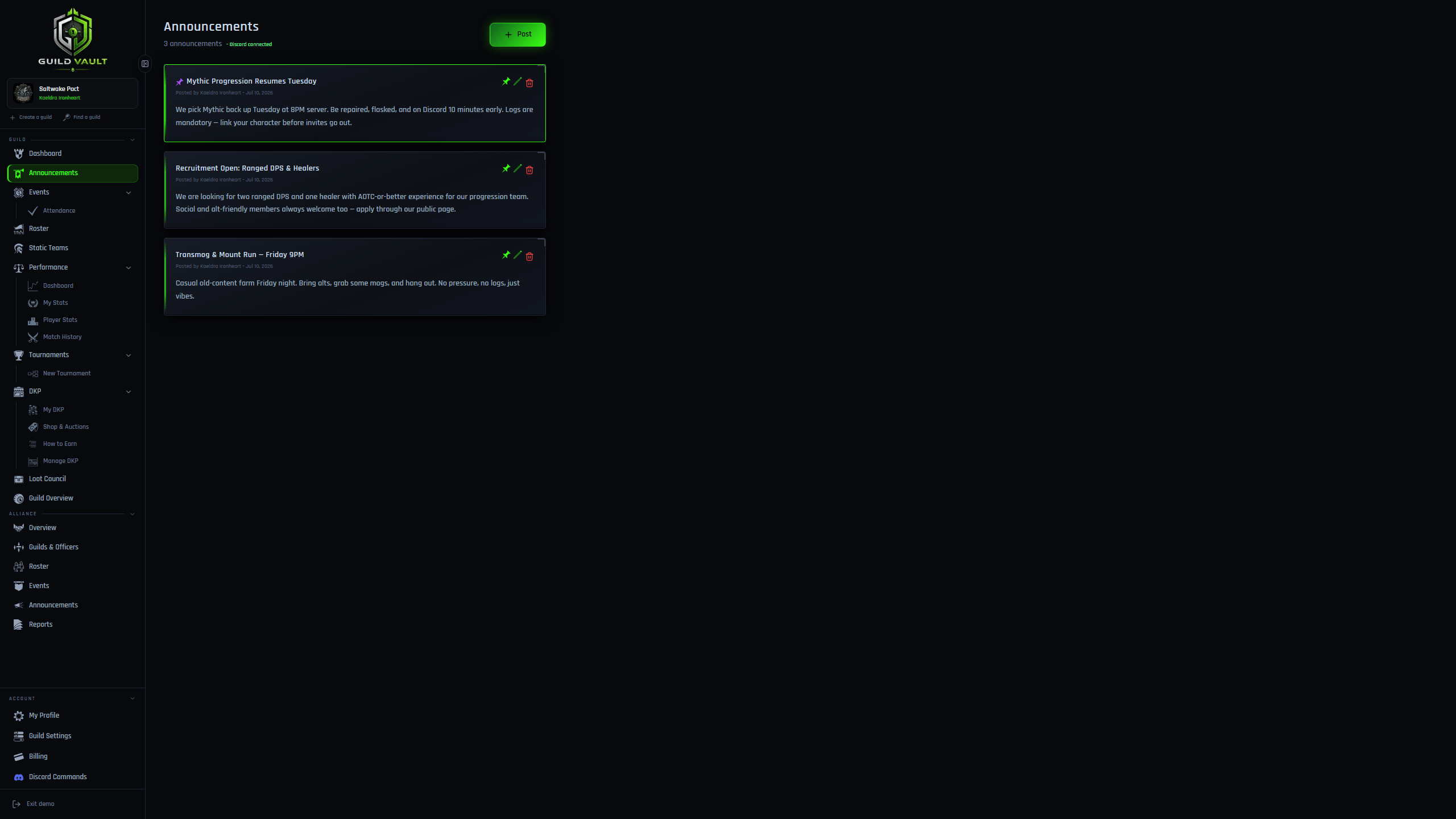 Guild Vault announcements feed with a pinned post
