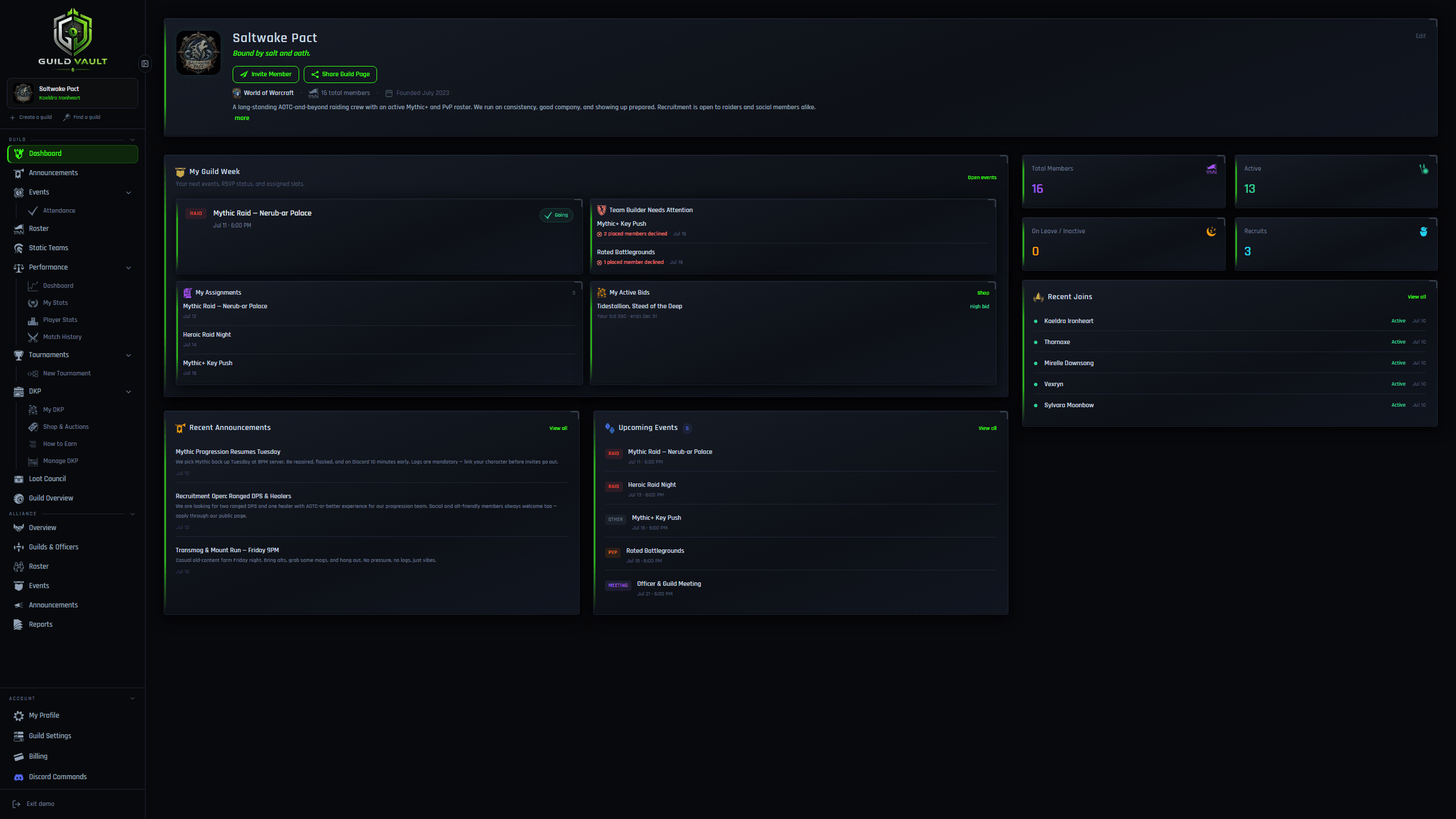 Guild Vault dashboard showing guild week summary, upcoming events, and recent announcements
