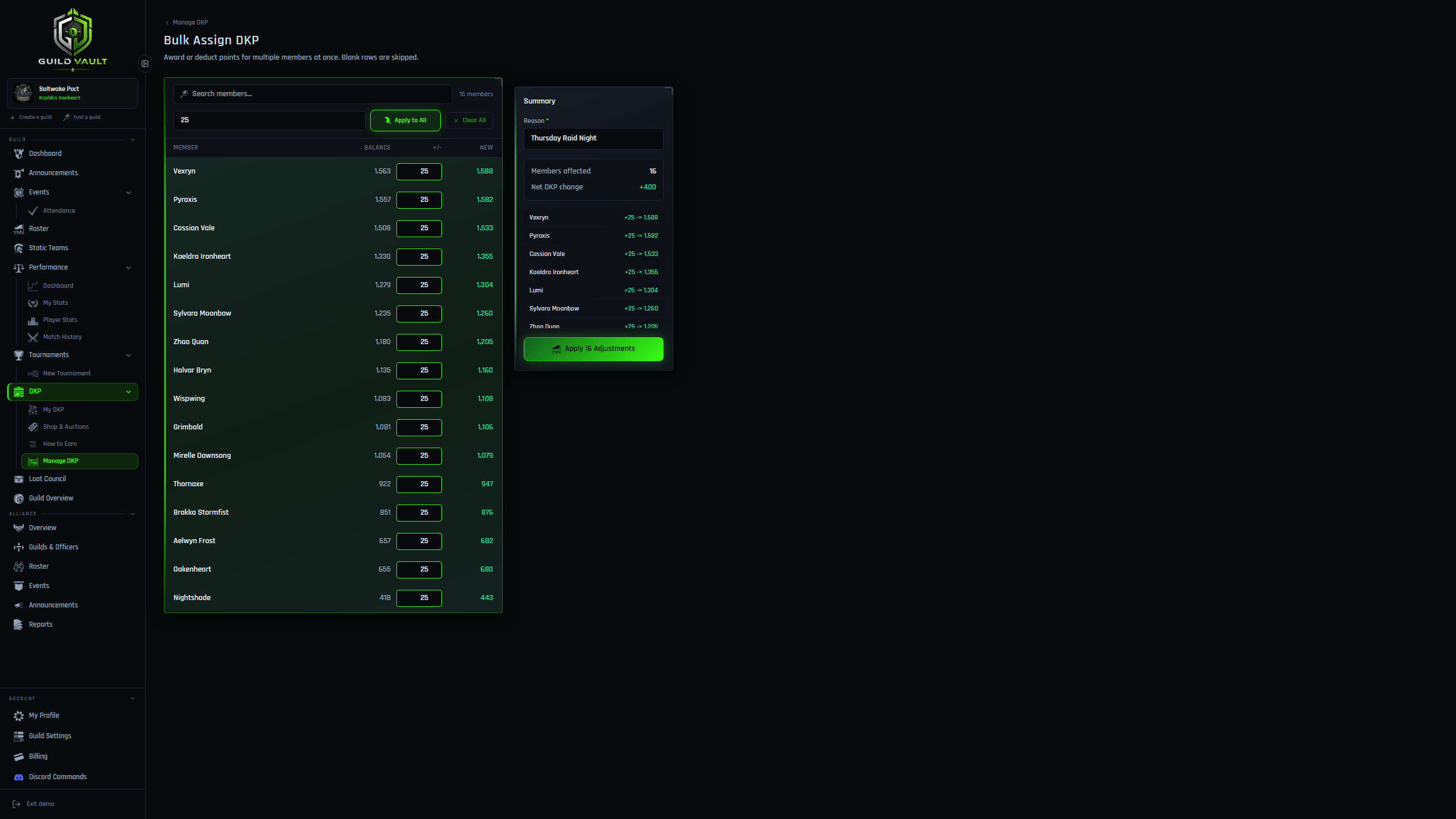 Guild Vault bulk DKP assignment screen with roster adjustments and a review summary