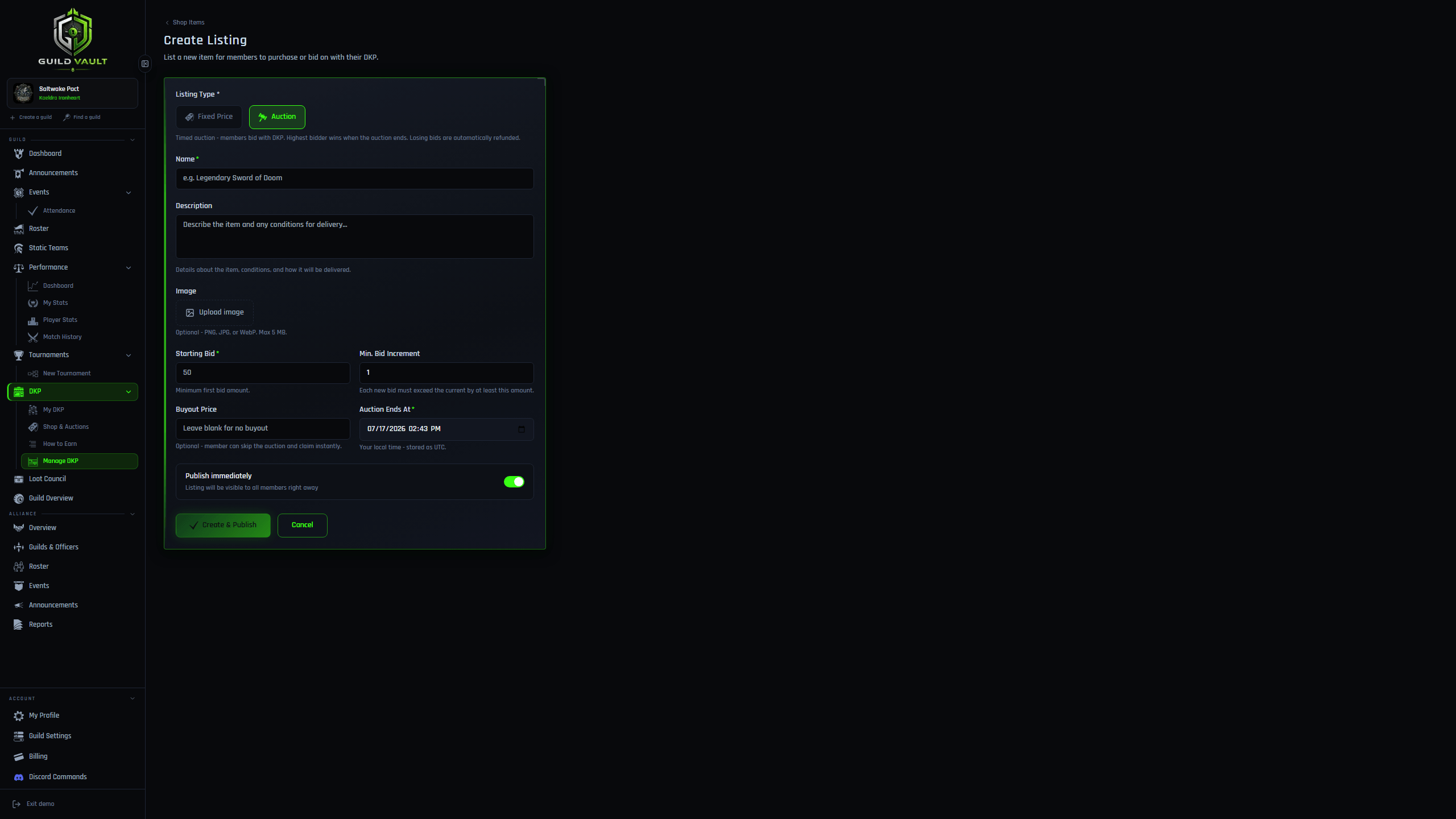 Guild Vault officer form for creating a timed DKP auction