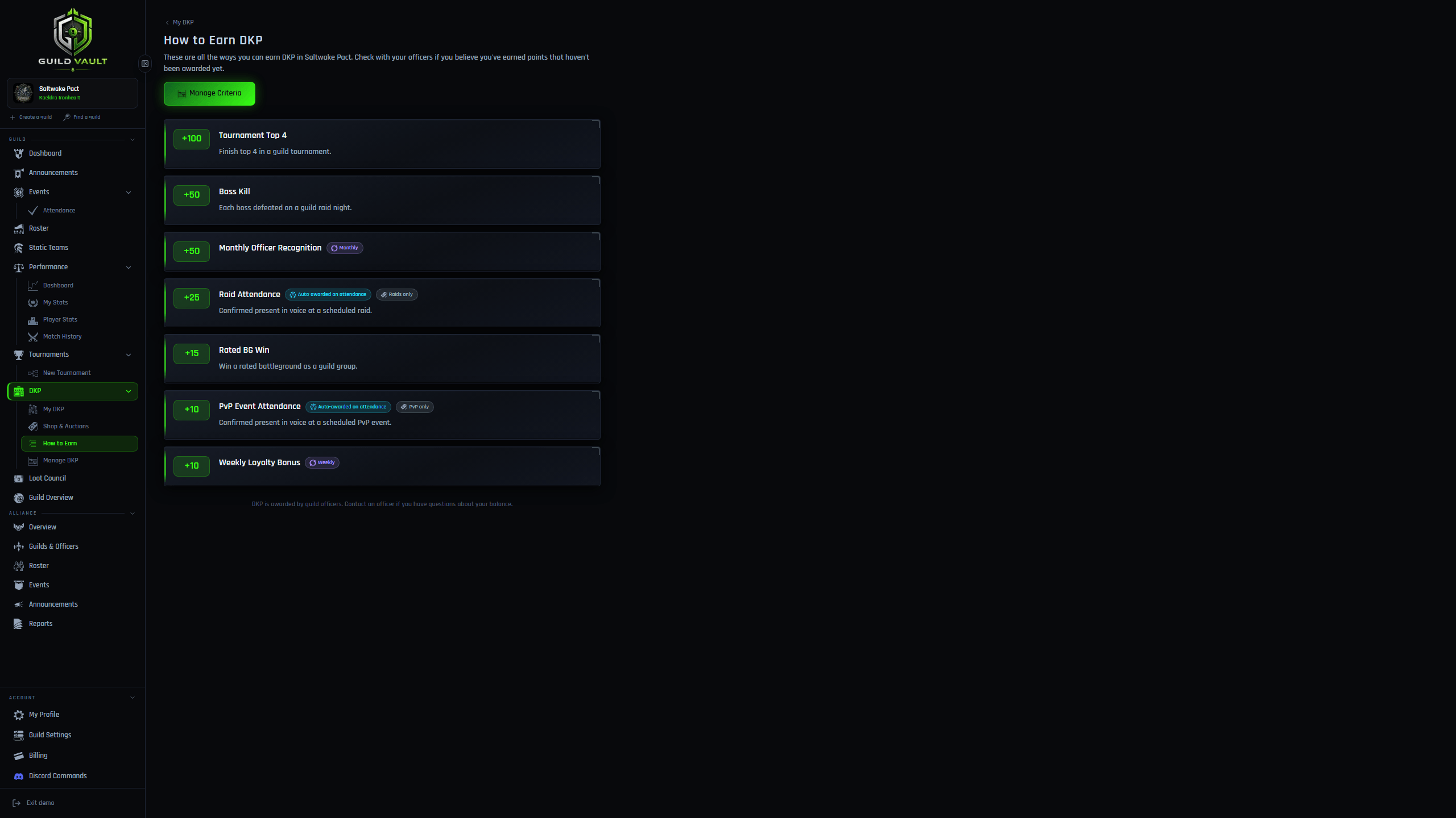 Guild Vault member page explaining each way members can earn DKP