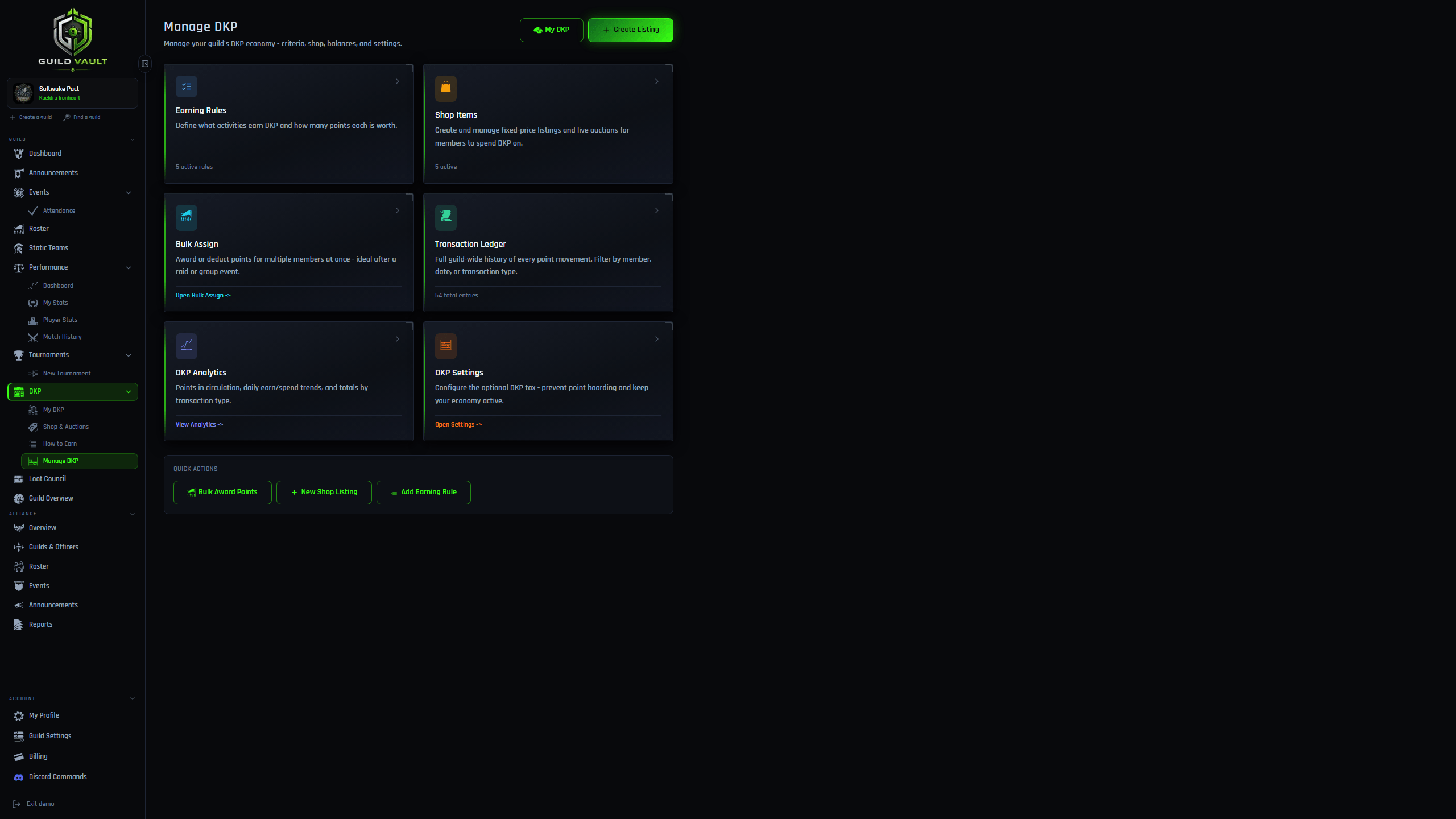 Guild Vault DKP management dashboard with earning rules, shop, bulk assignment, ledger, and settings