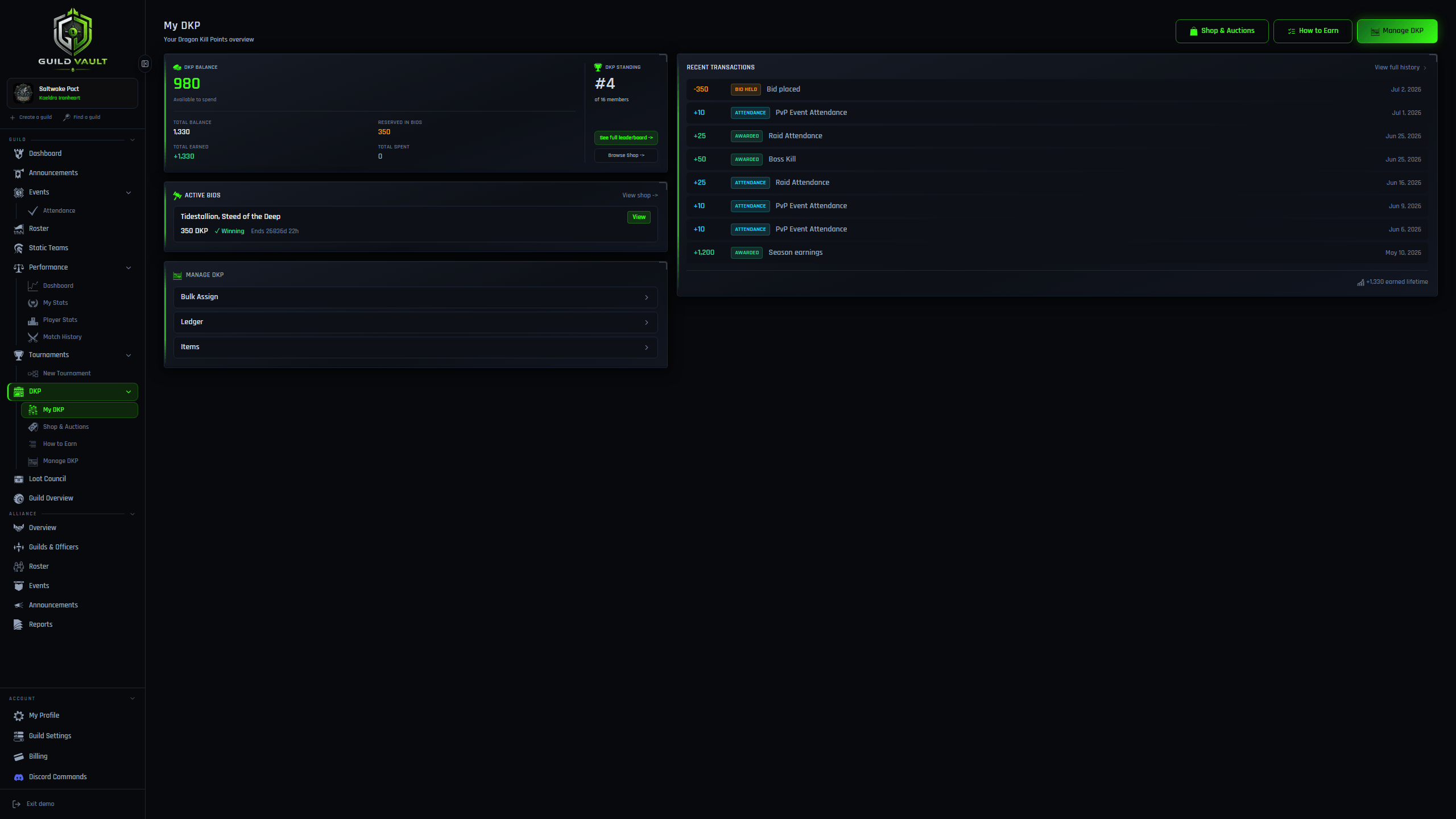 Guild Vault member DKP overview showing balance, standing, active bids, and recent transactions