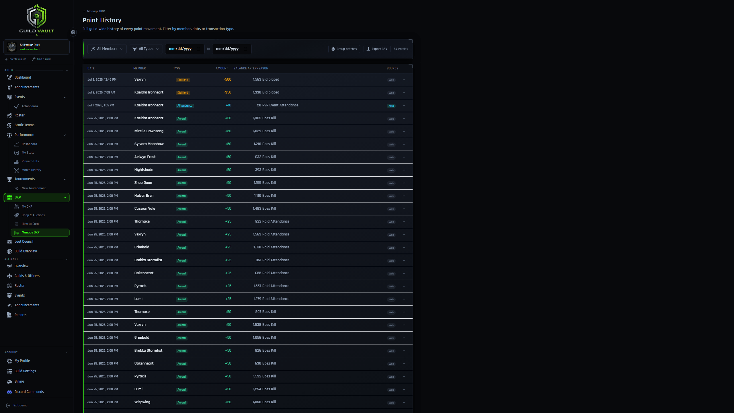 Guild Vault DKP point history with member, transaction type, and date filters