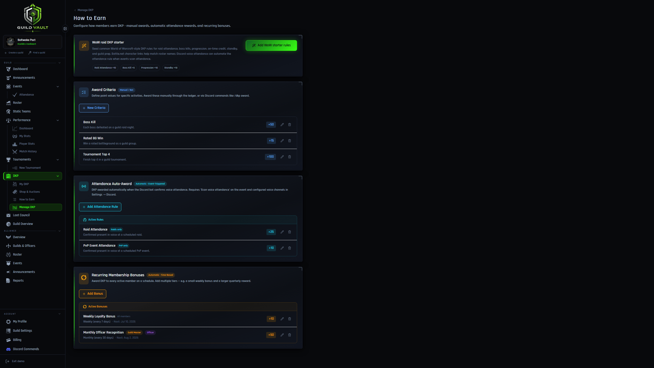 Guild Vault DKP earning criteria with attendance automation and recurring rewards