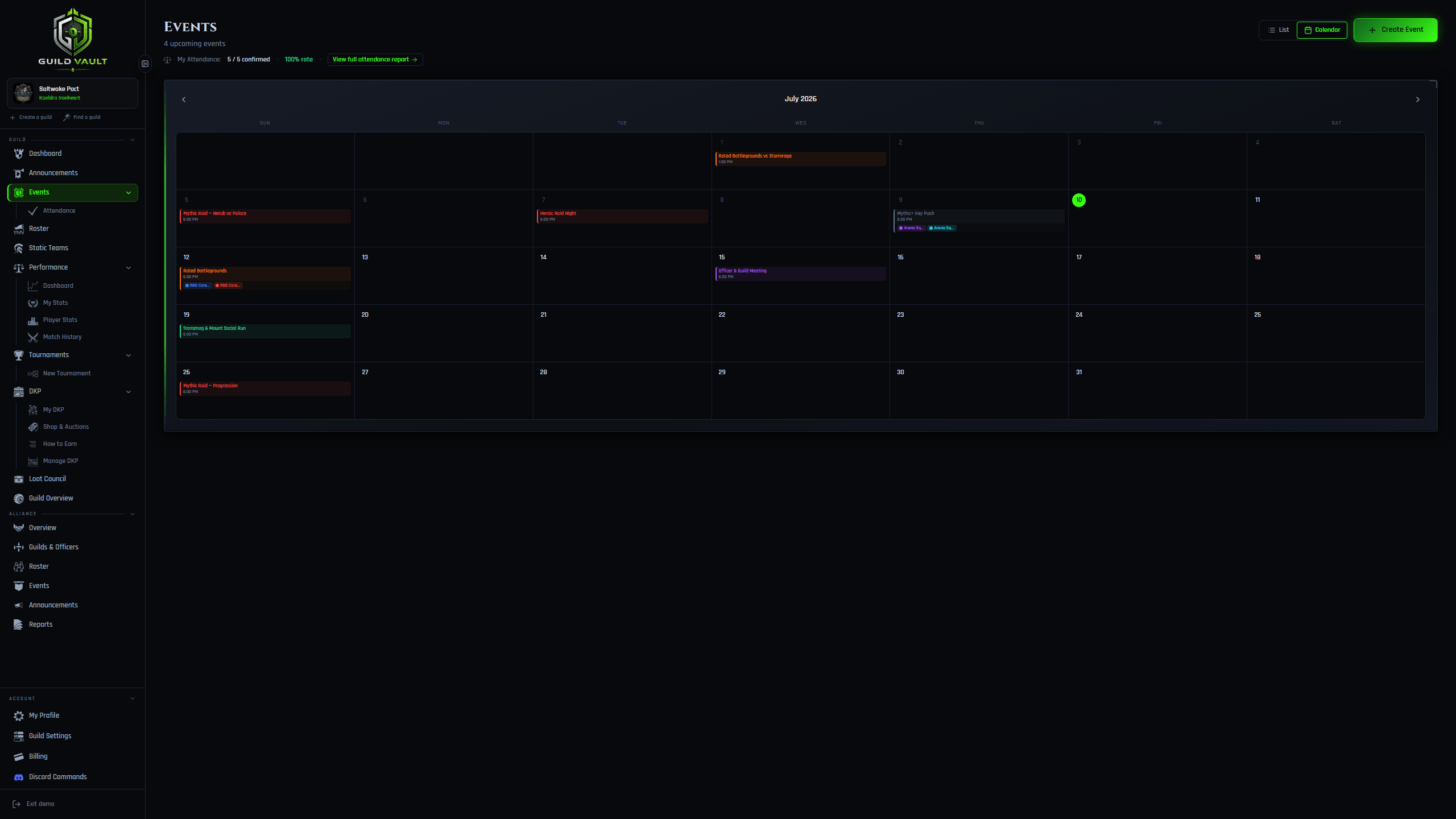 Guild Vault calendar view showing event type chips and a day-detail panel