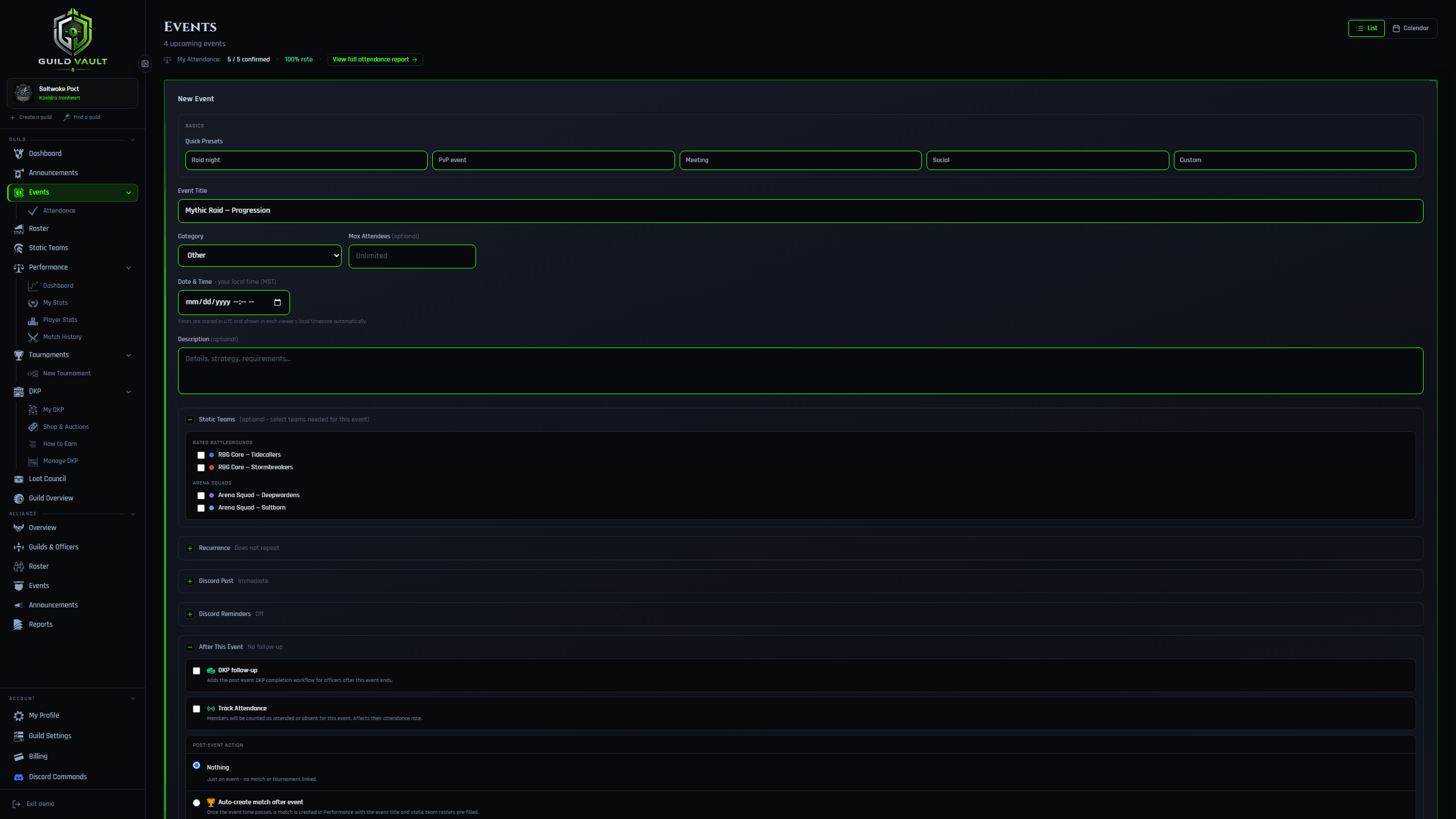 Guild Vault event creation form with recurrence, Discord reminders, and static team links