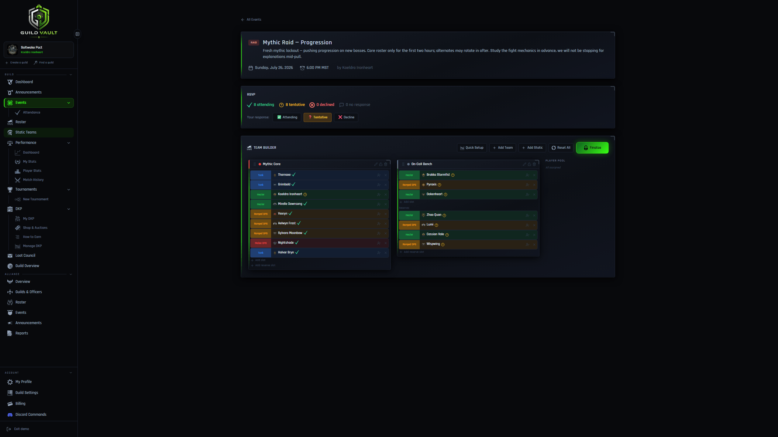Guild Vault raid event with multiple static teams assigned to slots