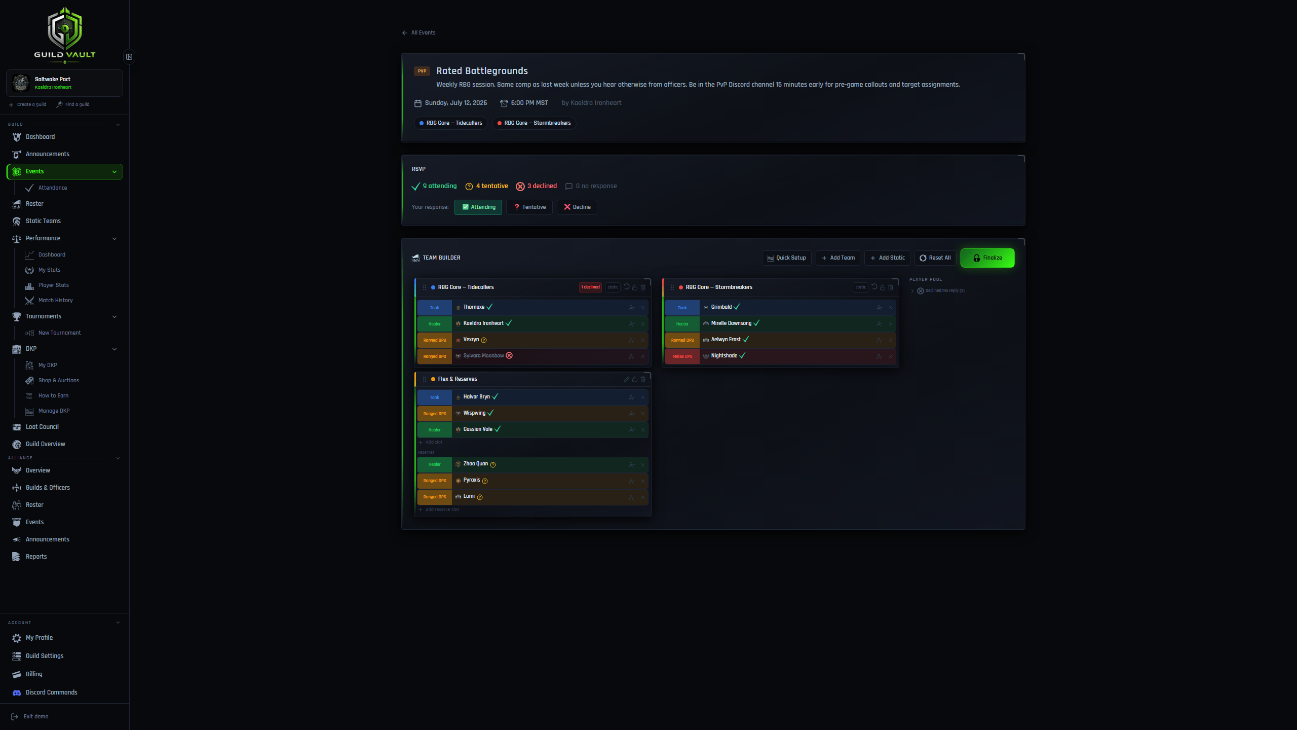 Guild Vault event team builder with confirmed attendees dragged into slots