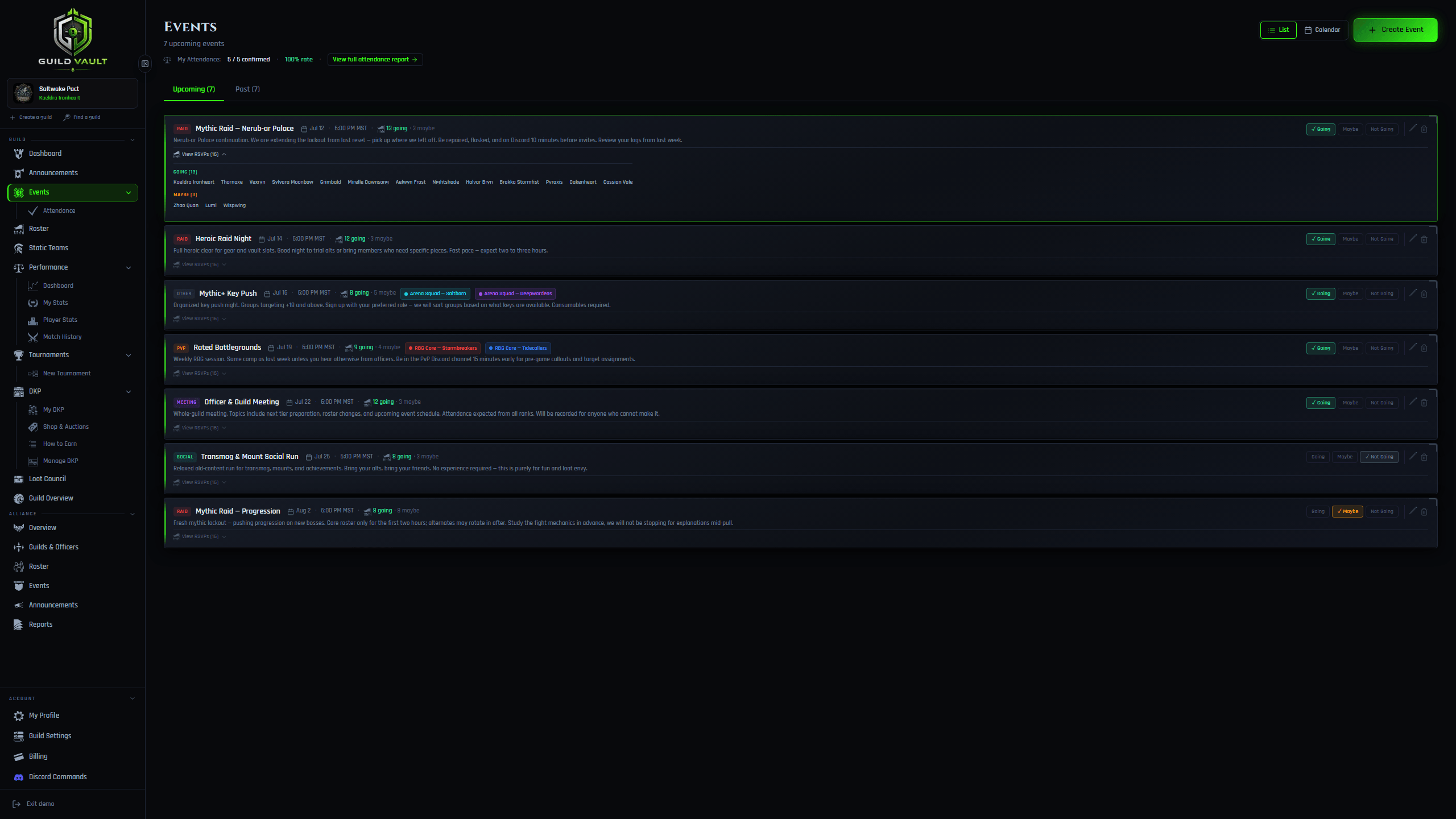 Guild Vault events list showing upcoming raids, PvP nights, and RSVP counts