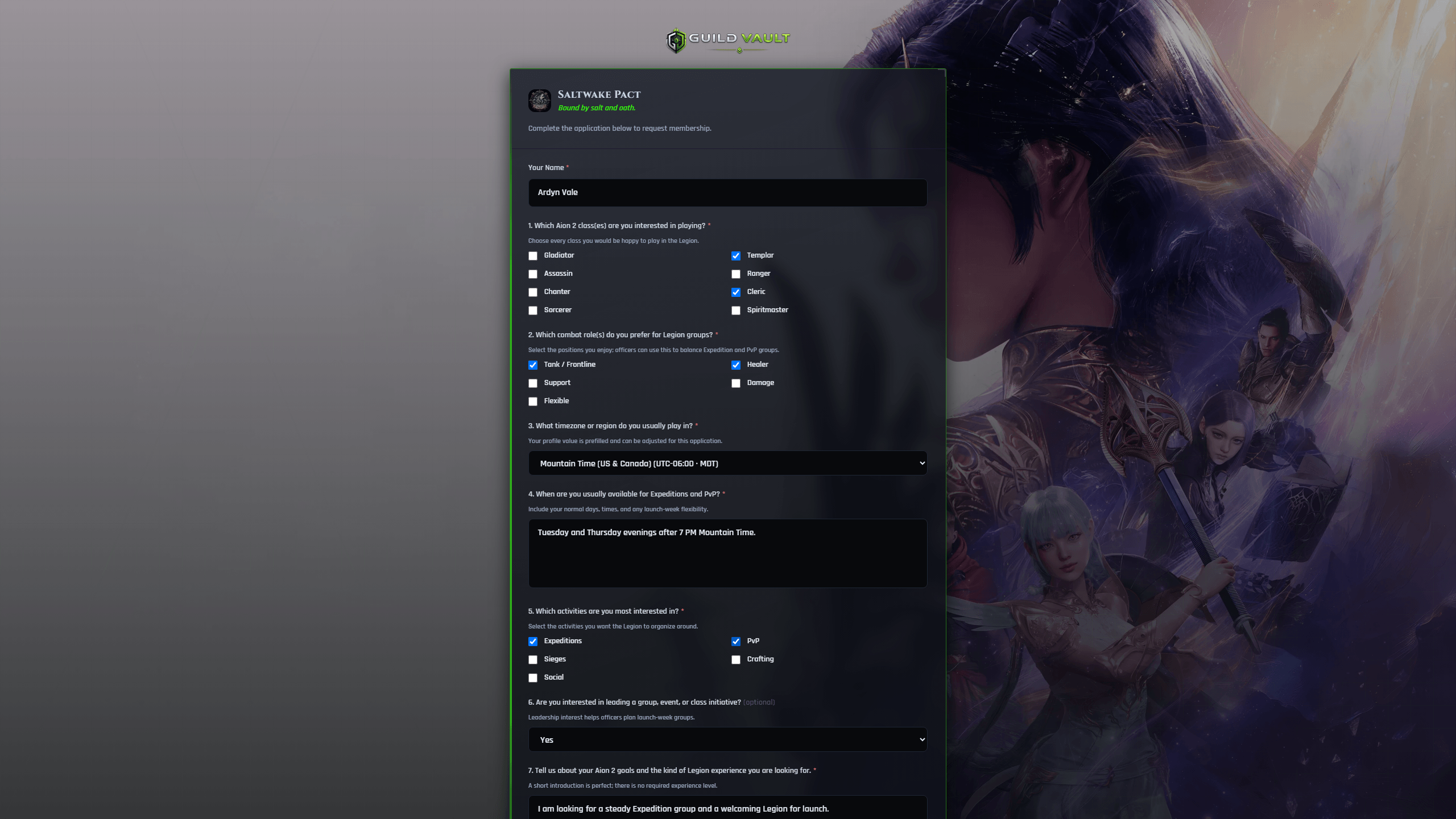 Aion 2 Legion applicant completing a recruitment application with class, timezone, availability, activity, and leadership fields