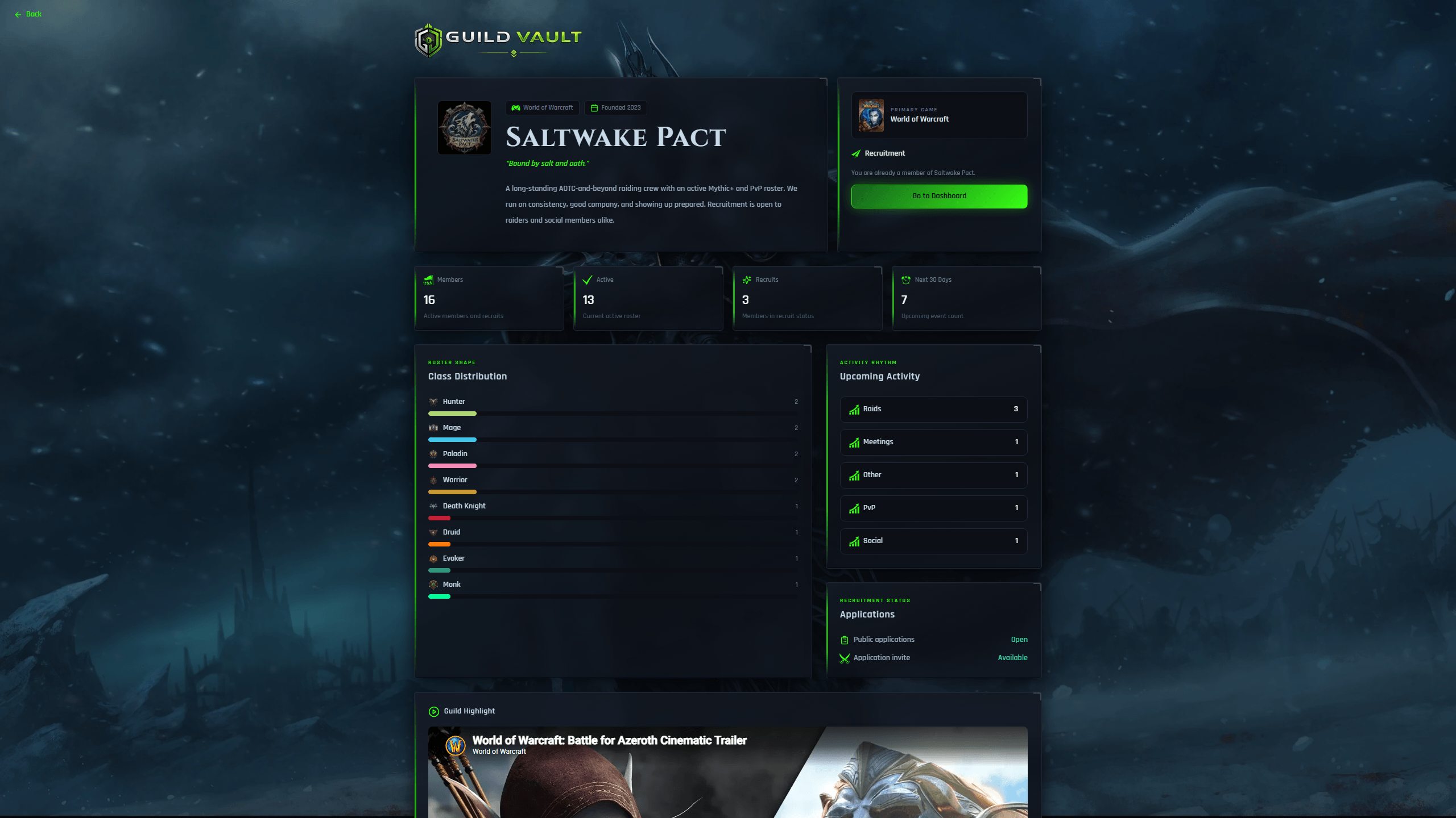 Shareable Guild Vault guild homepage with branding, game artwork, roster composition, activity, featured video, and recruitment applications