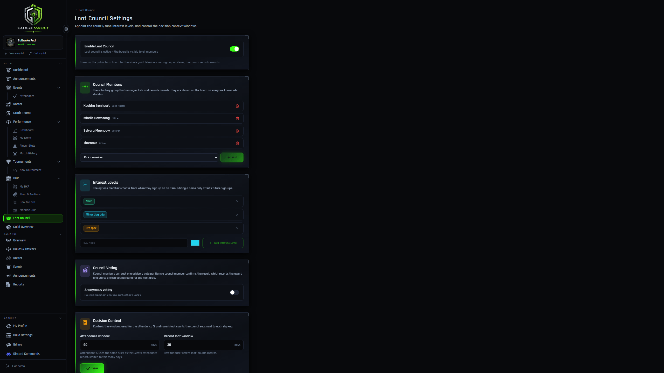Guild Vault loot council settings for interest levels, council members, and anonymous voting