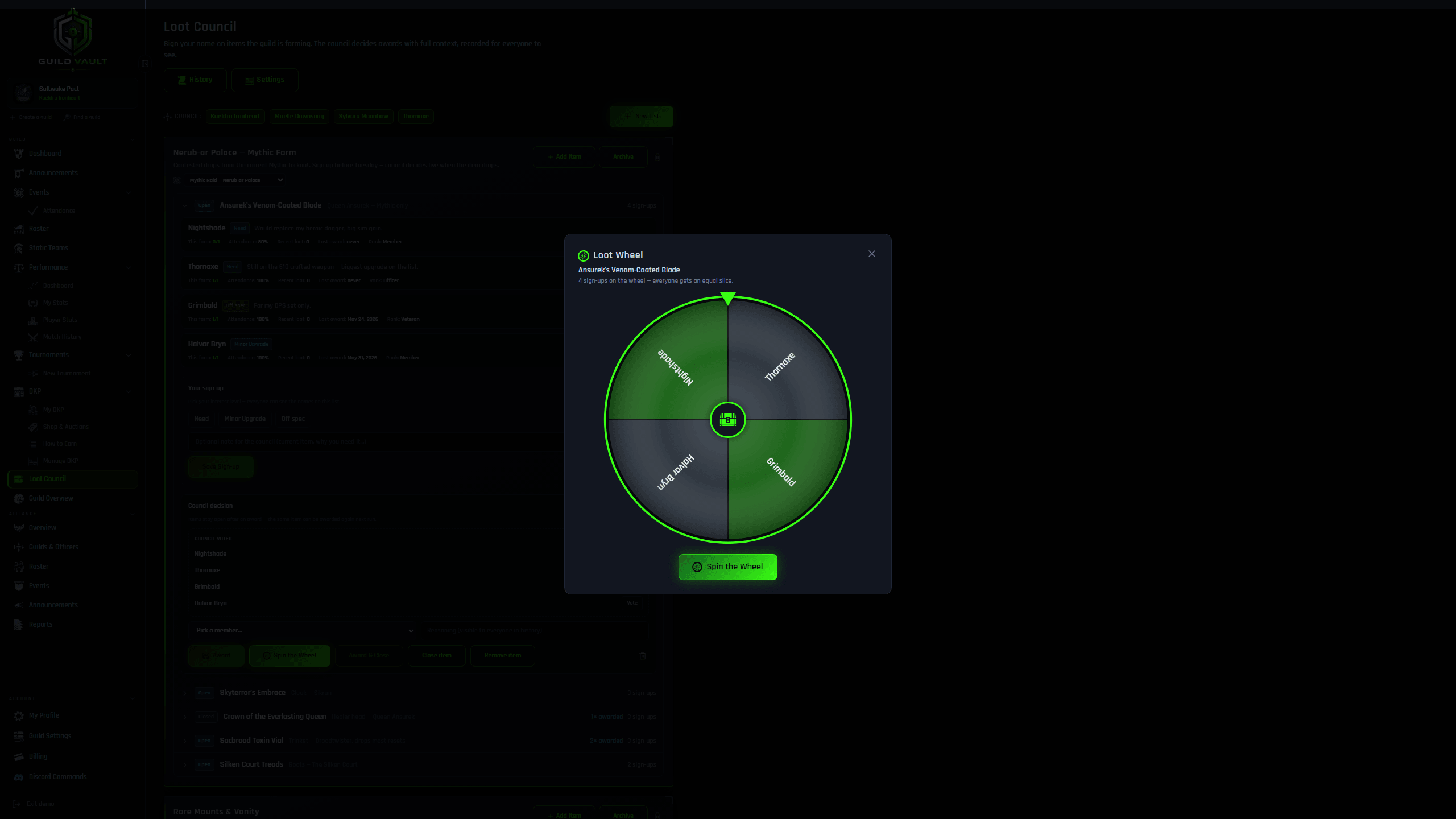 Guild Vault Loot Wheel spinning to decide a toss-up item between four signed-up members