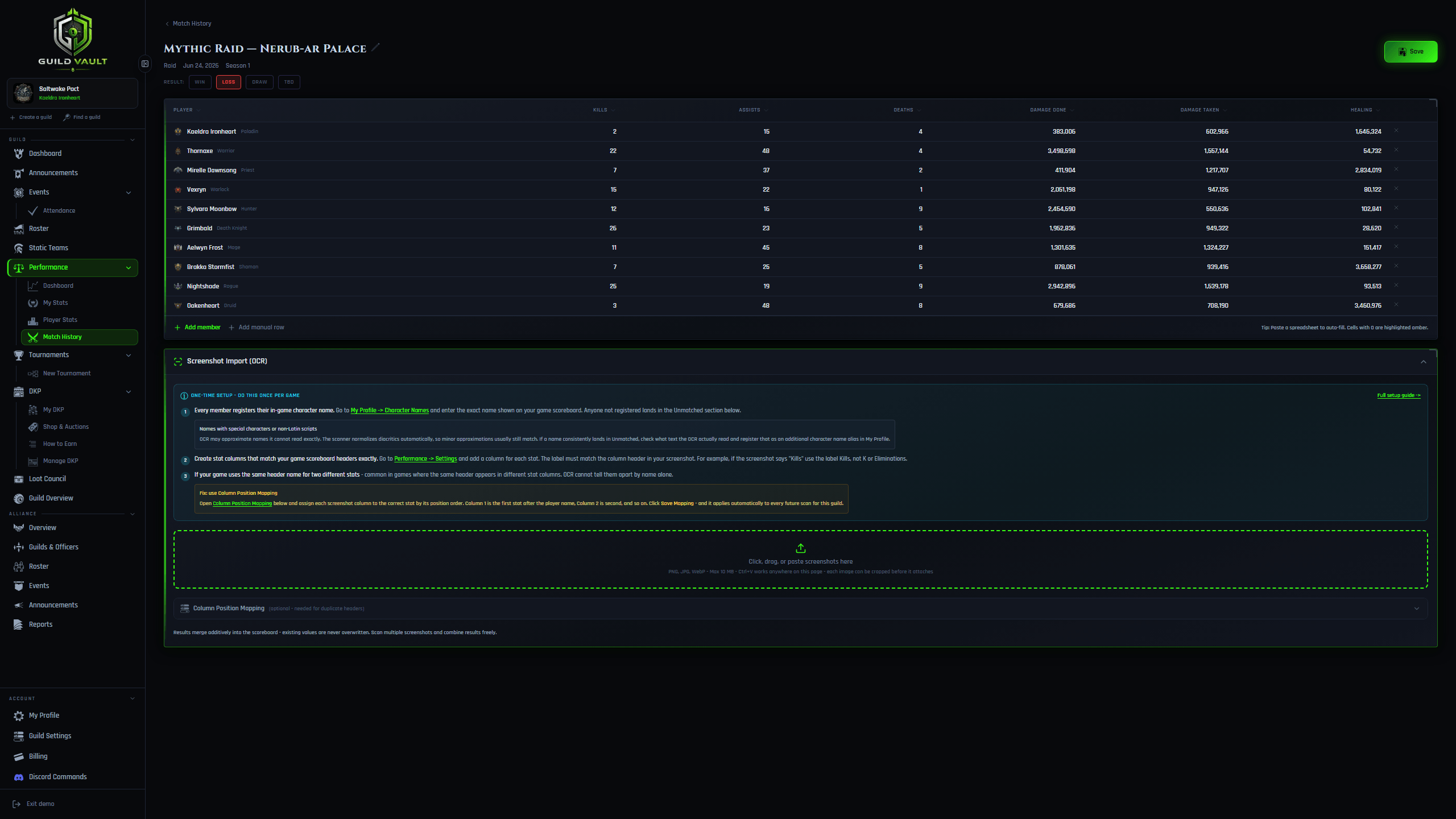 Guild Vault match scoreboard editor with player stats filled in