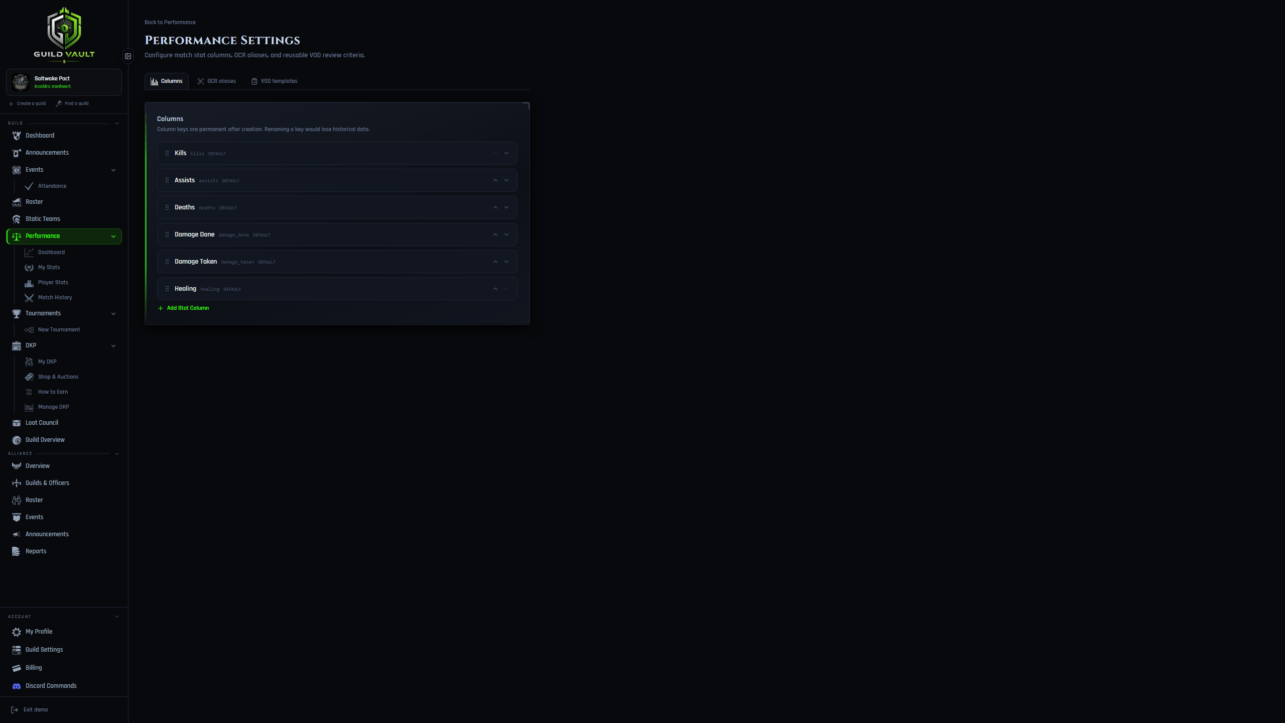 Guild Vault custom stat column configuration for a specific game