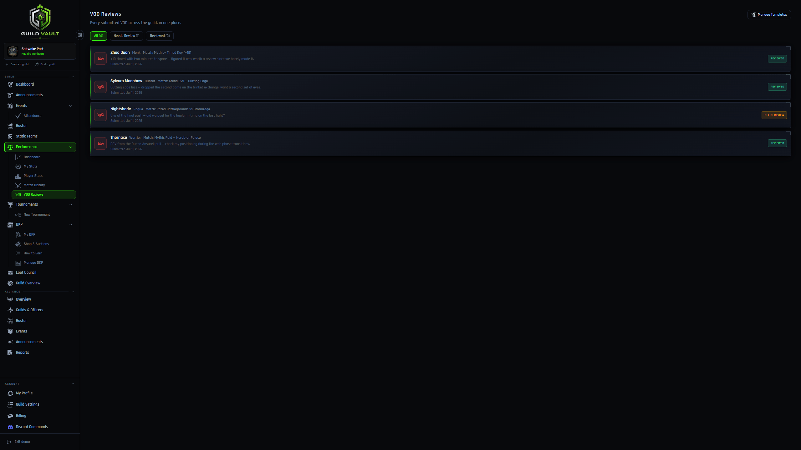 Guild Vault VOD review queue showing multiple submitted VODs filtered by All, Needs Review, and Reviewed