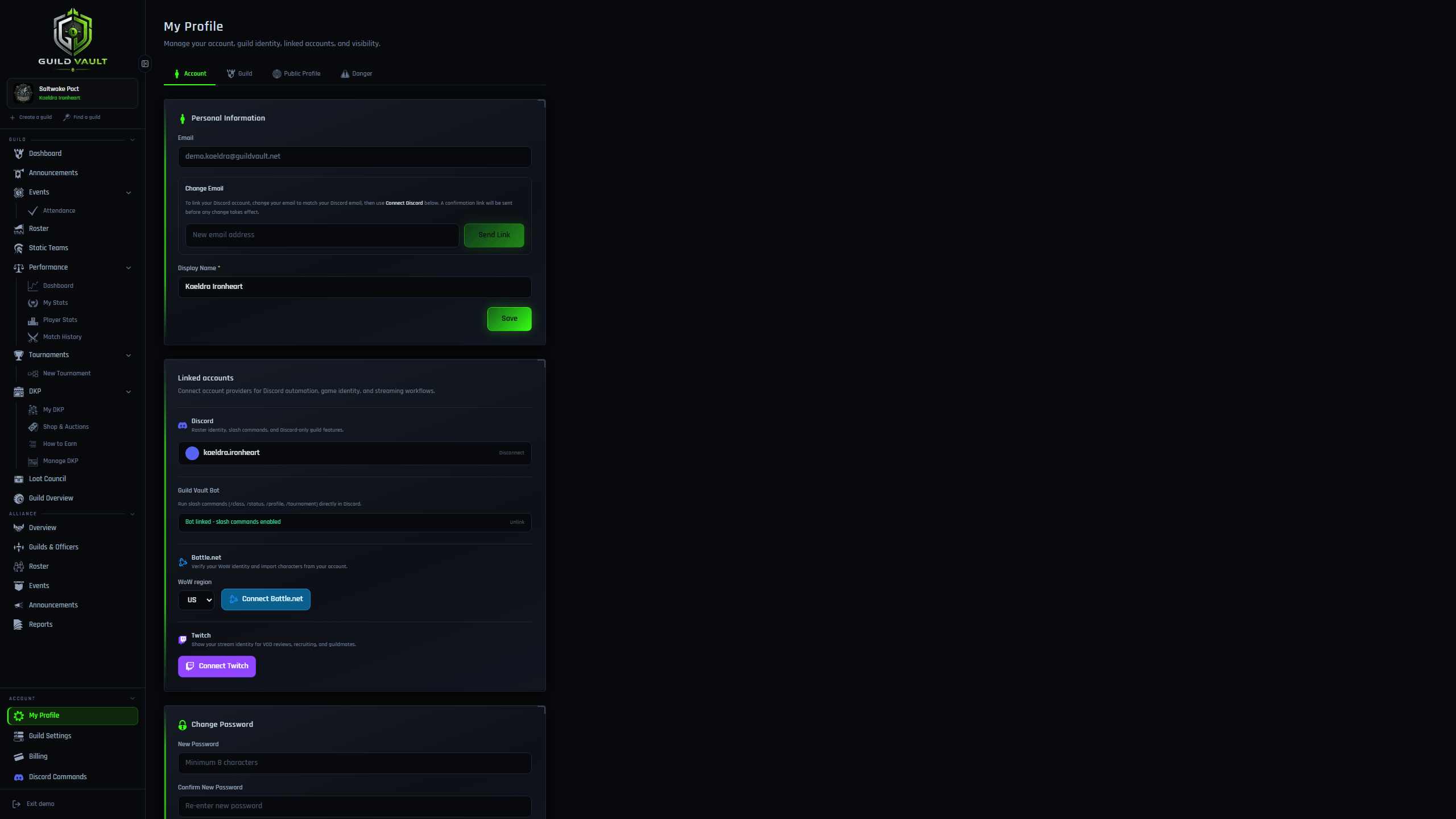 Guild Vault member profile with display name, Discord connection, and character names