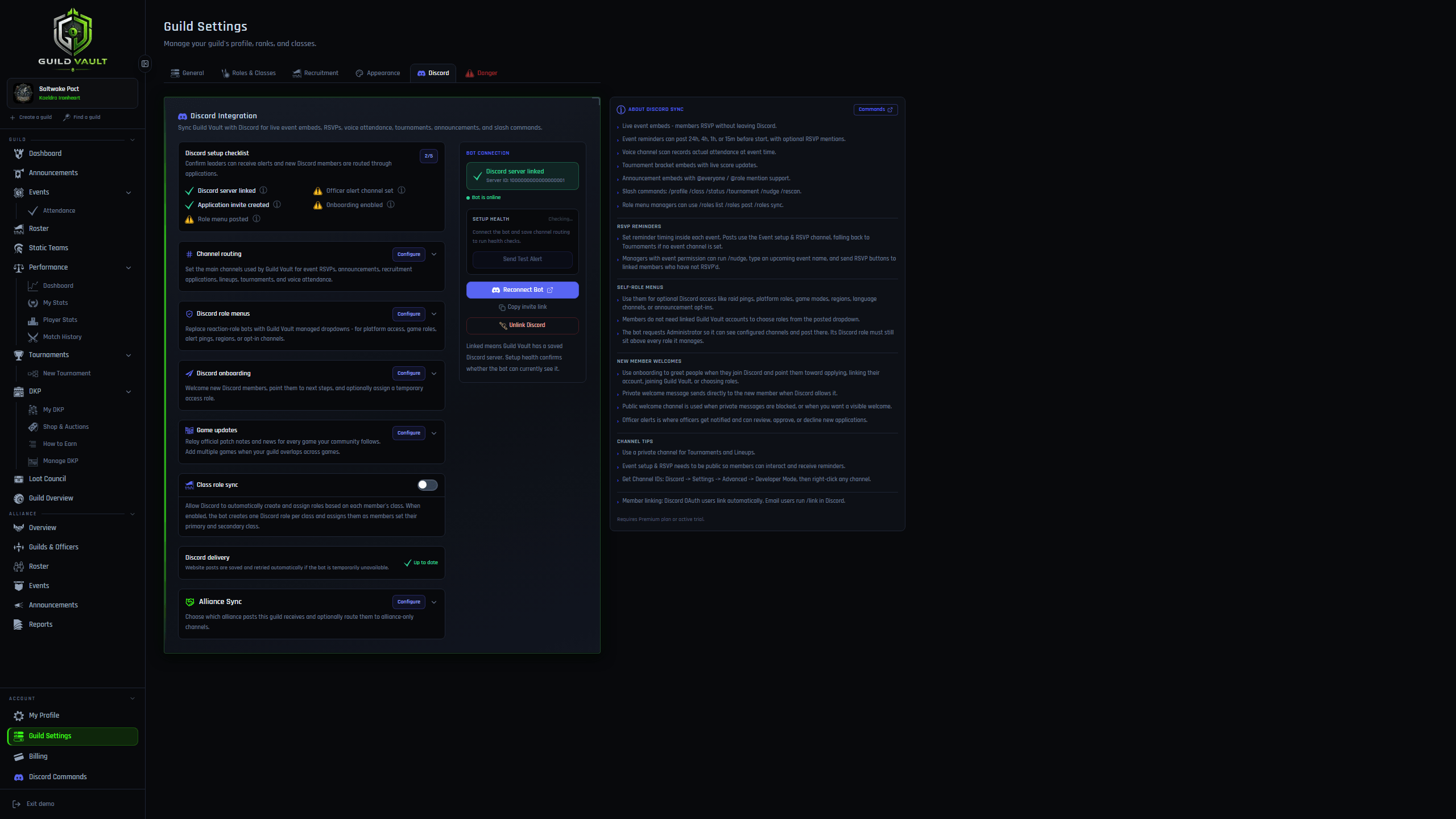 Guild Vault Discord settings with channel routing and voice attendance configuration