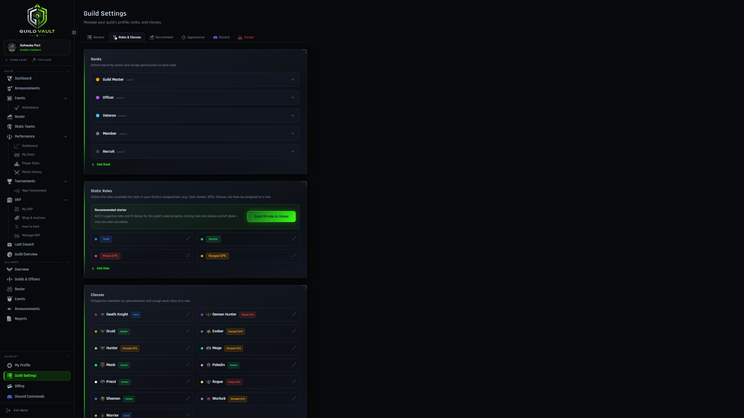 Guild Vault custom rank editor with permission toggles