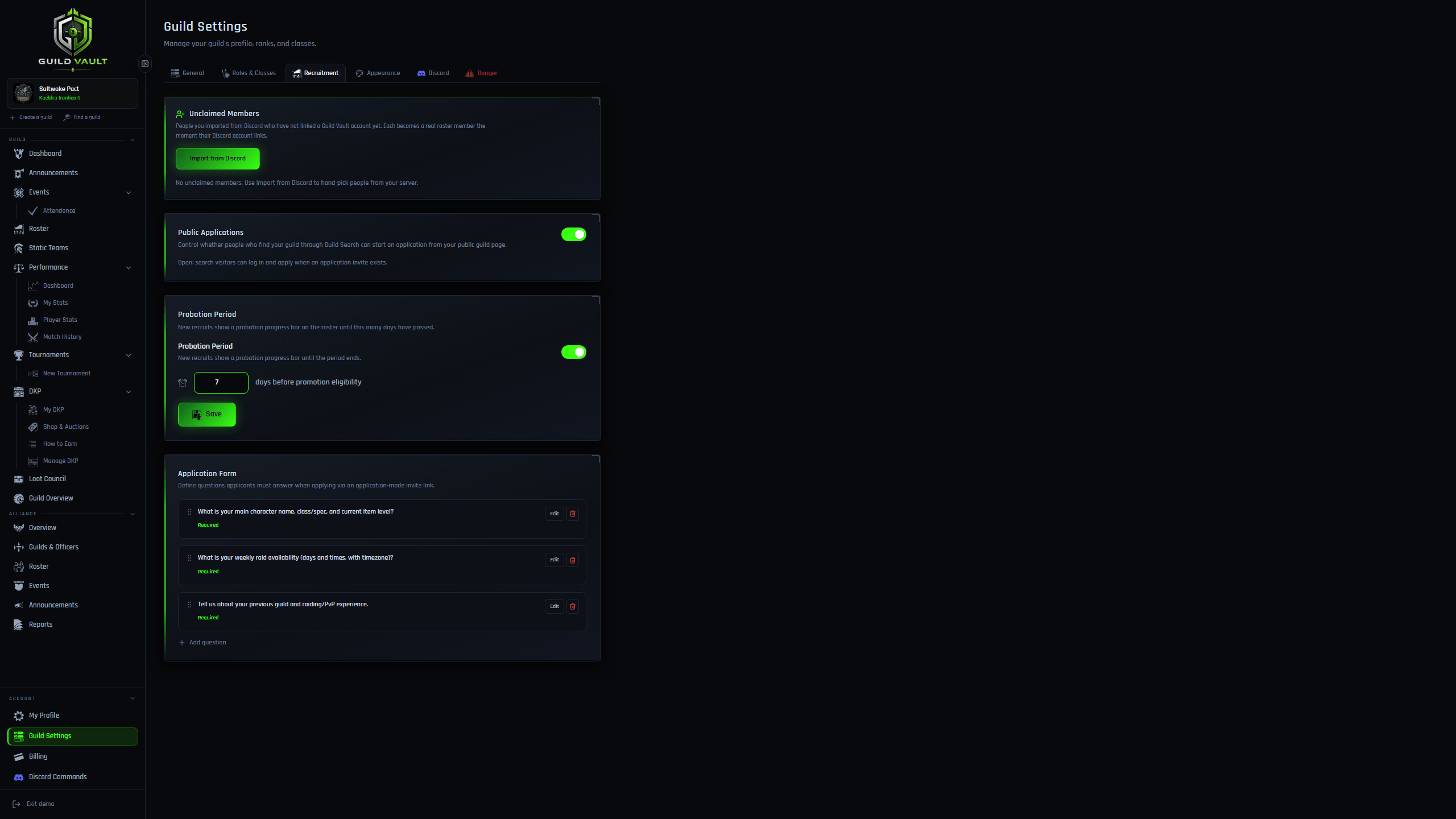 Guild Vault curated Discord roster import picker for hand-picking new members