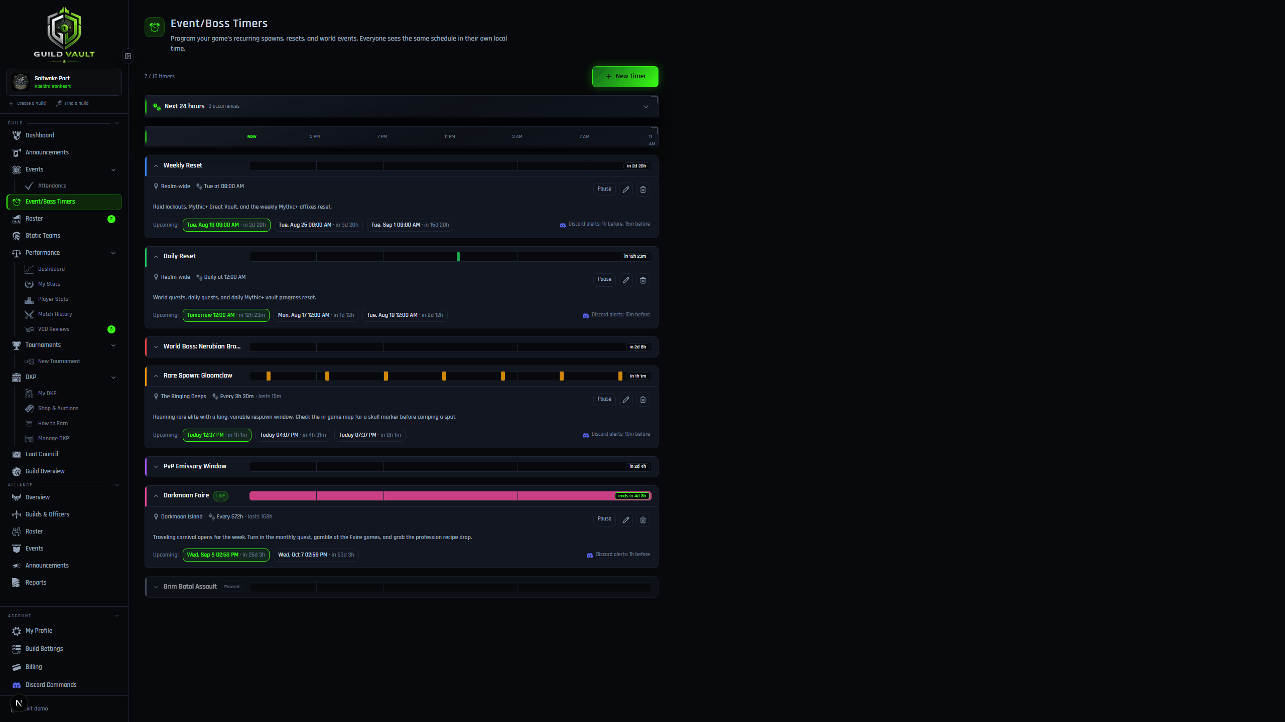 Guild Vault Event/Boss Timers page with several timers expanded showing descriptions, upcoming occurrences, Discord alert settings, and manager controls