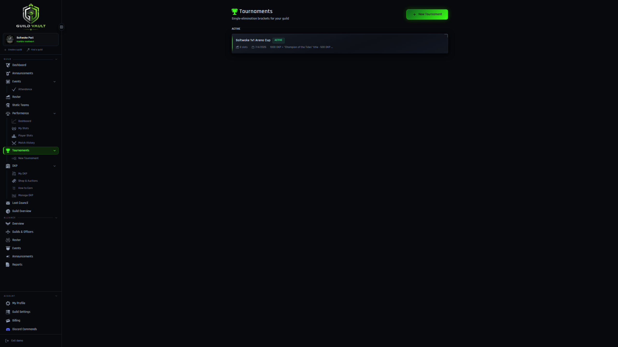 Guild Vault tournaments list showing draft, active, and completed brackets